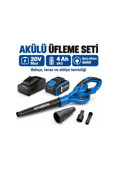Hyundai Hy20cb 20v Max Akülü Üfleme Seti 4 Ah Akü Ve Şarj Dahil Temizlik Aparatlı