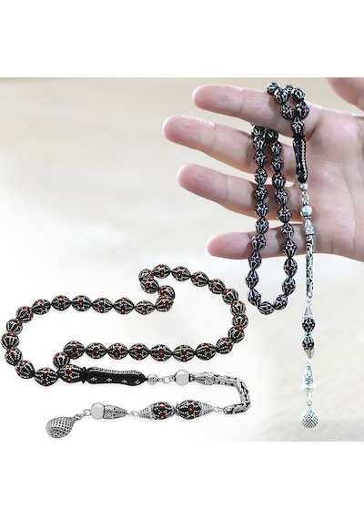 925 Ayar Gümüş Kral Zincir Püsküllü Gümüş-mercan İşlemeli Arpa Kesim Erzurum Oltu Taşı Tesbih Siyah
