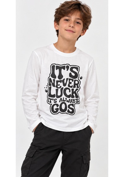 İrem Erkek Çocuk Never Luck Yazılı Uzun Kol Ekru Renk Penye İnce Sweatshirt