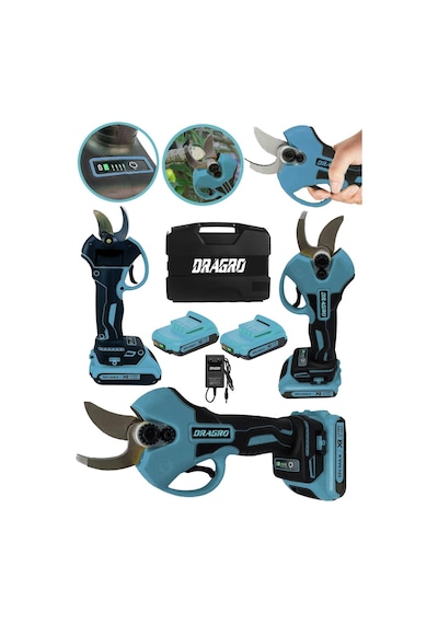Dragro DRG-88 Mavi 88V 10 Ah Çift Akülü Yüksek Karbonlu Çelik Dijital Göstergeli Şarjlı Dal Budama Makası Mavi