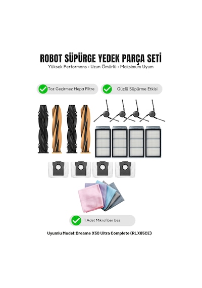 Dreame X50 Ultra Complete Rlx85ce İle Uyumlu 2 Ana Fırça 4 Yan Fırça 4 Filtre 4 Toz Torbası 1 Temizlik Bezi 16.0