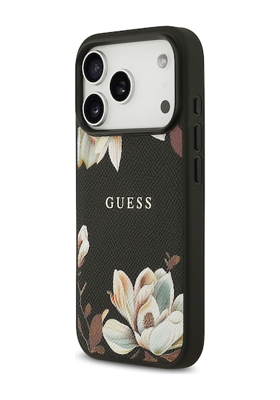 Apple Uyumlu iPhone 17 Pro Kılıf Guess Lisanslı M-safeli Taneli Çiçek Tasarımlı Metal Yazı Logolu Siyah Siyah