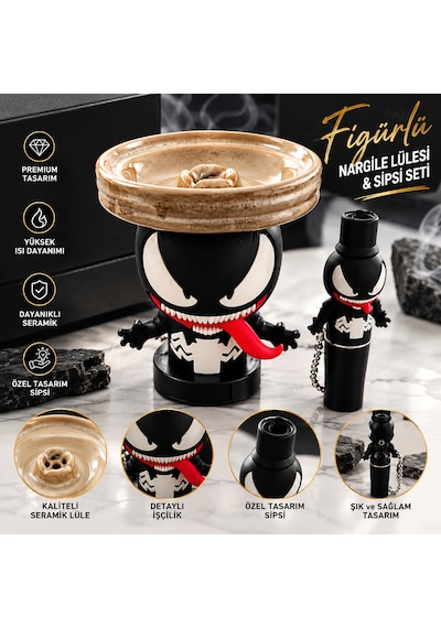 Premium Siyah Figürlü Seramik Nargile Lülesi Ve Özel Tasarım Sipsi Seti