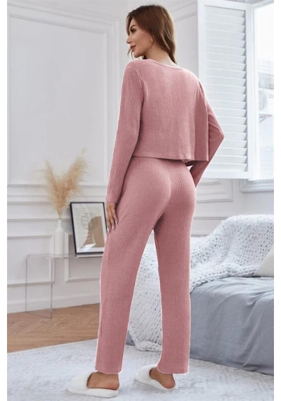 Bella Notte Viskon Pudra 3 Lü Trend Crop Rahat Pijama Takımı 7014