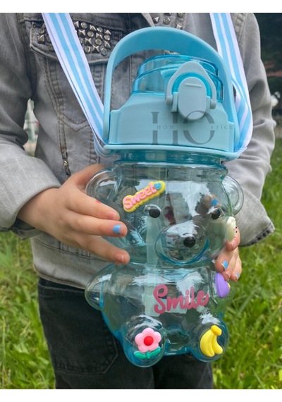Smile Ayıcık Model Su Matarası Su Şişesi Suluk 1000ml Bpa Içermez Suluk 3d Sticker Hediye Mavi Plast Diğer