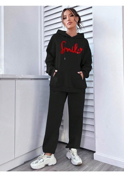 Smile Eşofman Takımı Sweatshirt Jogger - Siyah Baskılı Oversize Şardonlu Kapüşonlu Siyah
