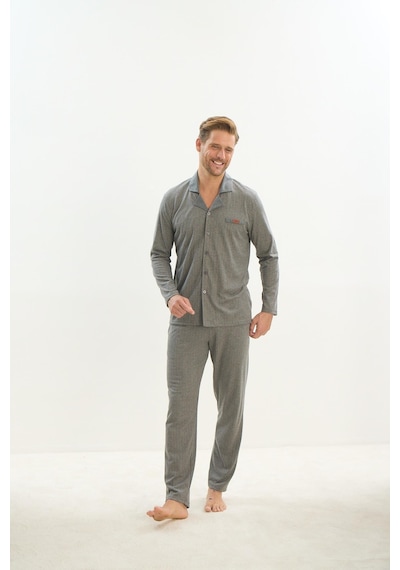 Sevim Erkek Uzun Kol Gömlek Yaka Önden Düğmeli Gri Pijama Takım C2t3n5o9 001