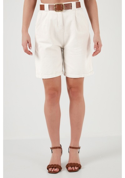 Lela Pamuklu Relaxed Fit Yüksel Bel Kemerli Gabardin Short Bayan Şort 668Yp4710 Beyaz