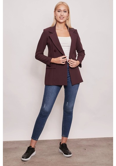 Kadın Düğme Detaylı Uzun Kol Şık Ofis Süs Cep Kapaklı Kumaş Blazer Ceket-mürdüm Mürdüm