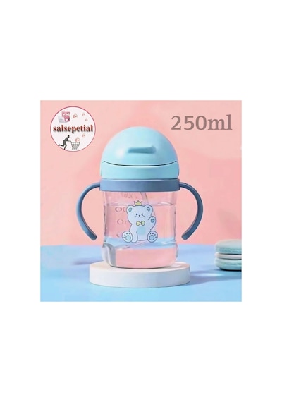 250ml Figürlü Pipeti Suluk Bebek Matara Sevimli Su Şişesi Bebek Pipetli Yatarken Içme Aparatı Var Mavi