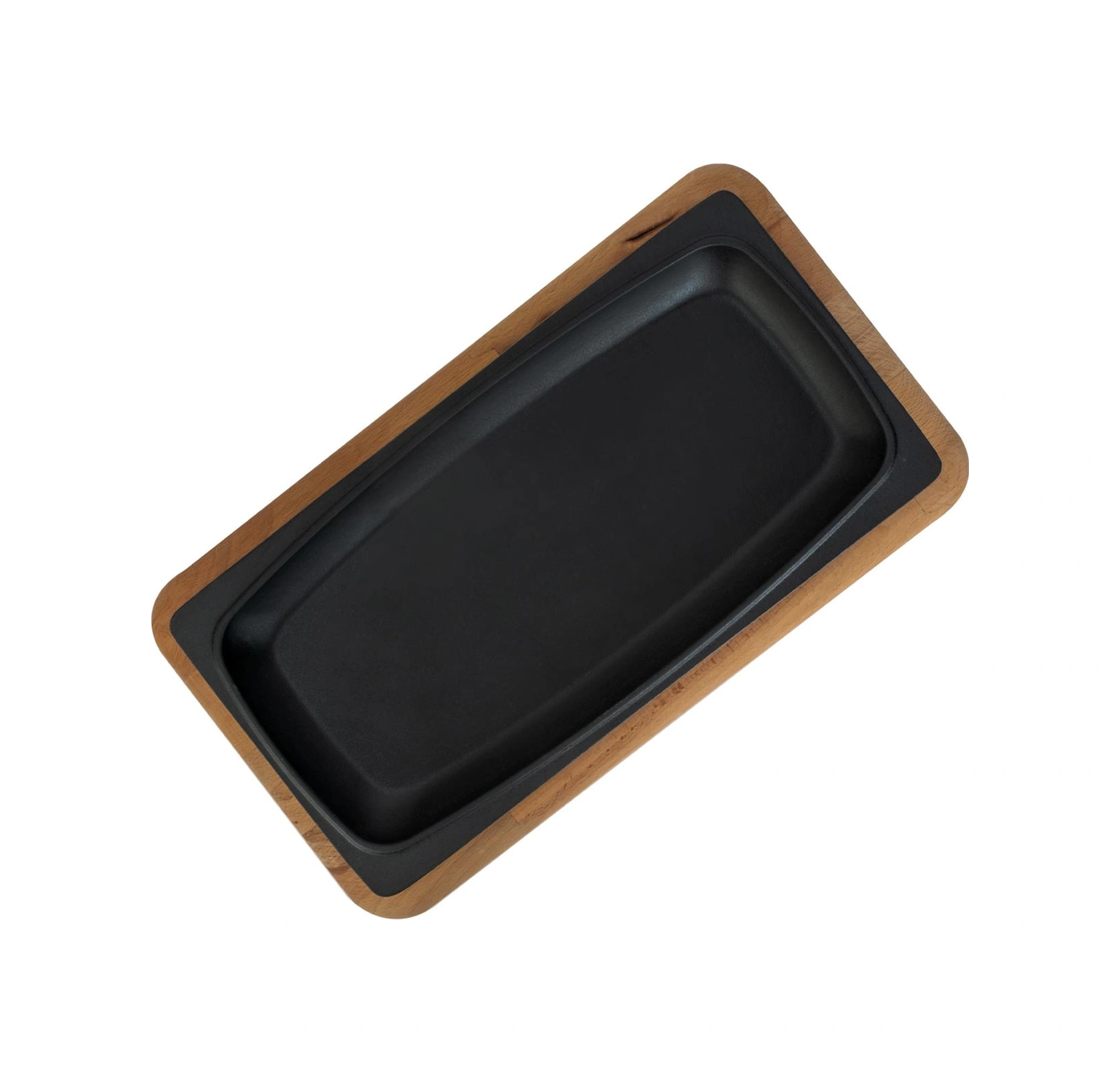 Lava Döküm Dikdörtgen Servis Tabağı Ve Kayın Servis Ahşabı. Ölçü 30x15cm. Bordo