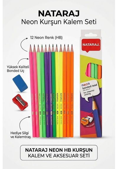 Kurşun Kalem Hb 1 Düzine Kalemtraş Silgi Hediyeli Nataraj Kurşun Kalem Neon Renk 1 Düzine Çok Renkli