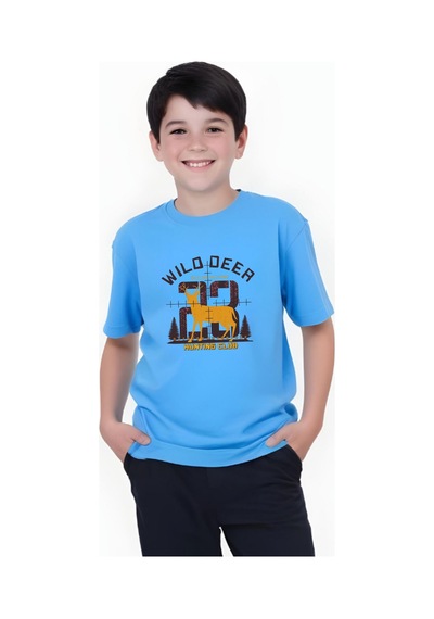 Panios Kids Hunting Club Baskılı Erkek Çocuk Yuvarlak Yaka Kısa Kollu T-shirt Mavi