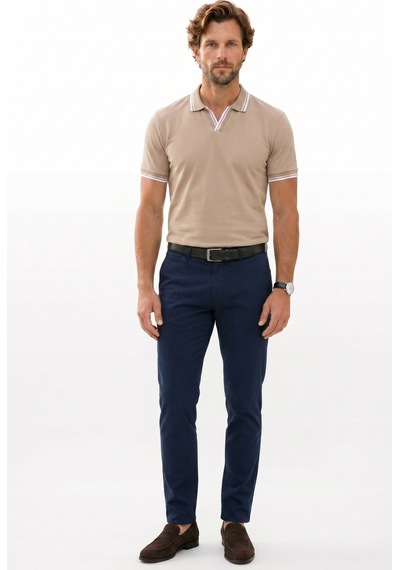 Tudors Erkek Slim Fit Dar Kesim %100 Pamuklu Çizgili Detaylı V Yaka Taş Polo Yaka Tişört-51597