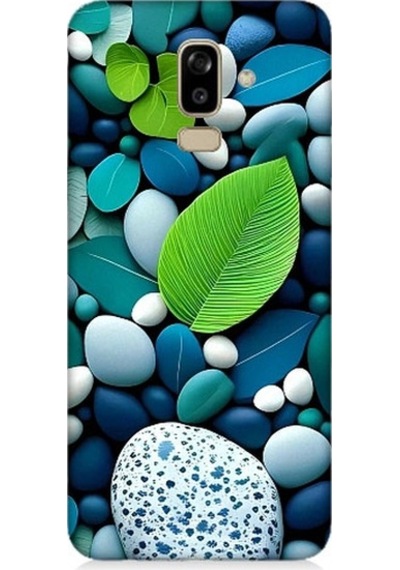 Samsung Galaxy J8 Uyumlu Mavi Turkuaz Taşlar Ve Yeşil Yaprak Desenli Silikon Kılıf