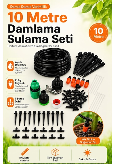10 Metre Bahçe Damlama Sulama Sistemi Seti Damla Sulama Hortumu Ve Ek Parçaları