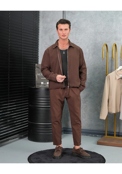 Modefendi Düz Kumaş Oversize Fermuarlı Alt Üst Jogger Takım Kahverengi