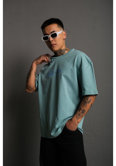 Noıssey Kod:ızeı - Unisex Oversize Rıtual Mavi Yıldırım Baskılı Pamuklu T-shirt P--1008 Yeşil