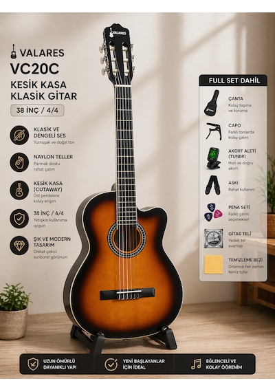 Valares Vc20c Kesik Kasa Klasik Gitar 38 İnç 4/4 Yetişkin Üst Segment Çanta Capo Askı Pena Tuner Sunburst