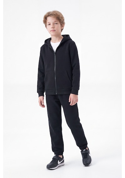 Fyk Kids 3 İplik Düz Erkek Çocuk Fermuarlı Kapüşonlu 2'li Eşofman Takımı 4 Parça Siyah-gri