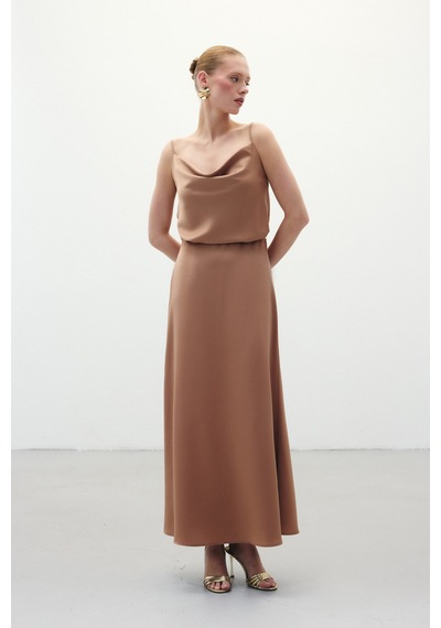 Sateen Uzun Saten Etek - Camel