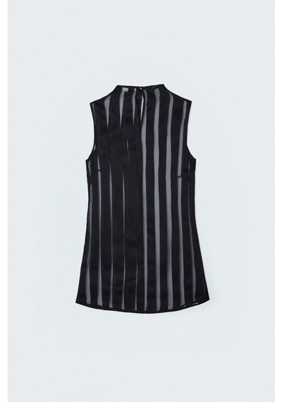 Sateen Çizgili Organze Kolsuz Bluz - Siyah-137672