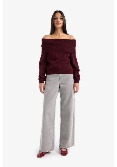 Defacto Regular Fit Omuzu Açık Kazak F3029ax25wnbr285 Bordo