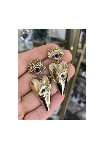Mavi Boncuk Detaylı Göz Model Gold Küpe Altın