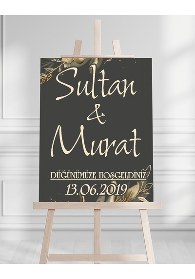 Söz Nişan Düğün İçin 50x70 Karşılama Panosu - Siyah Ve Gold Çiçek Temalı 03 Beyaz