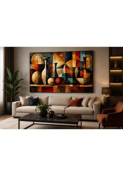 Sanat Kübizm Modern Soyut Vazo Tasarımı Kanvas Tablo, 70 X 100 Cm, Kahverengi, Ofis Ve Salon Dekorasyonu -
