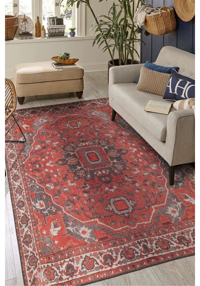 Foldy Vintage Desenli Dokuma Taban Dekoratif Kırmızı Halı Fl 48 Kırmızı 11