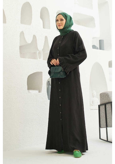 Neways 6587-denim Düğmeli Kolları Fırfırlı Ferace Siyah Siyah