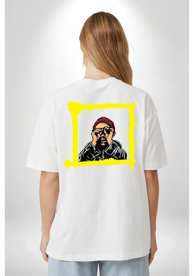 Fantastik Sanatsal Yeni Nesil Kırmızı Bere El İle Dürbün Beyaz Oversize Unisex Ön Ve Sırt Baskılı Tişört Beyaz