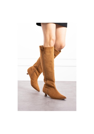 Shoetek Luminya Kadın Çizme İnce Topuklu Yandan Pimli Taba Süet TABA SÜET