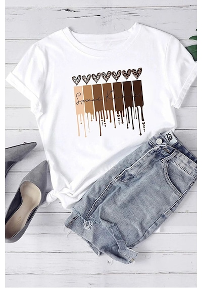 Uyguntarz Unisex Leopar Kalp Baskılı Oversize T-shirt Beyaz