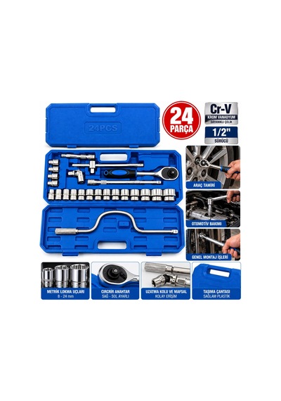 24 Parça 1/2 Inc Dr.socket Set Lokma - Soket - Adaptör - Cırcır Kolu Chrome Vanadıum Metal Çantalı B