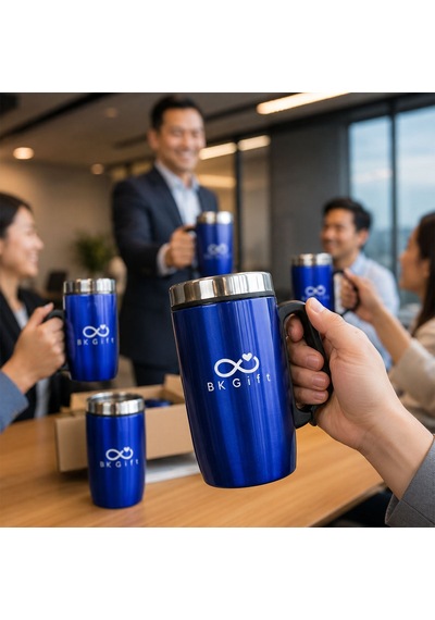 Logonuza Özel 5 Adet 5304 Çelik Kupa 240 Ml Kilitli Kapaklı Kurumsal Termos Mug Mavi