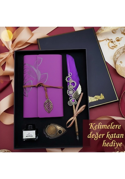 Mor Tüylü Divit Kalem Seti Deri Defterli Özel Kutulu Vintage Hediye Seti, Öğretmenler Günü, Doğum Günü