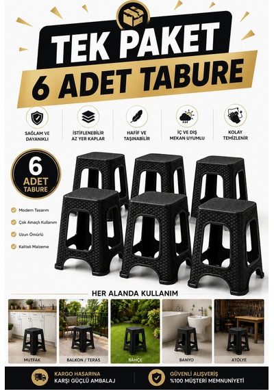 Nova 6 Lı Rattan Desenli Büyük Boy Tabure Seti Siyah 45 Cm Sağlam İstiflenebilir Çok Amaçlı Plastik Tabure Siyah