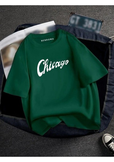Oversıze Chicago Baskılı Unısex Tisort Baskılı Yeşil