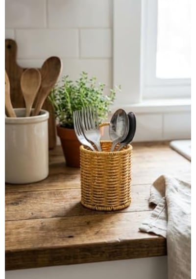 Yuvarlak Hasır Dokulu Plastik Rattan Kaşıklık Ve Çatallık, Askılı Çok Amaçlı Mutfak Organizeri, 10x14 Cm Açık Ahşap