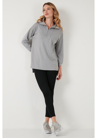 Lela Regular Fit Fermuarlı Yaka Önü Kısa Arkası Uzun Bayan Sweat 5865876 Gri
