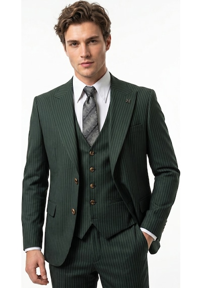 Hermose Sartorial Zümrüt Yeşili Çizgili Yelekli Takım Elbise Yeşil