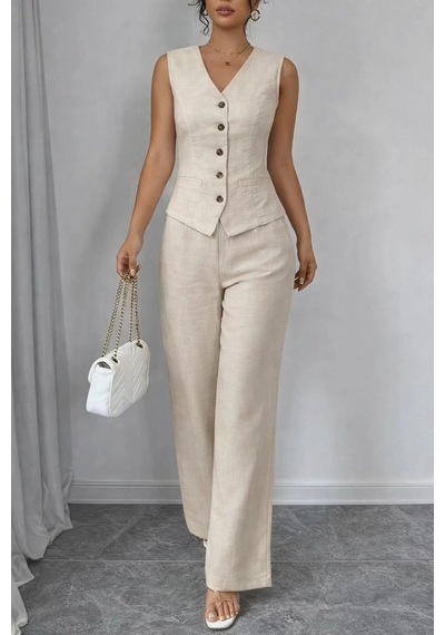 Defymoda Kadın Askılı Önden Düğmeli Bluz Ve Pantolon Keten Ikili Takım Bej