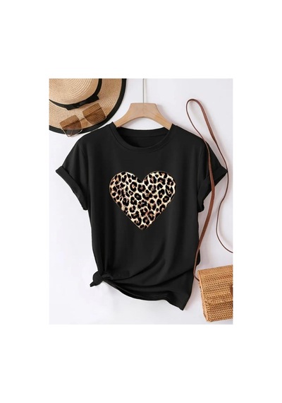 Medinenur Leopar Kalp Baskılı Basic T-shirt Siyah
