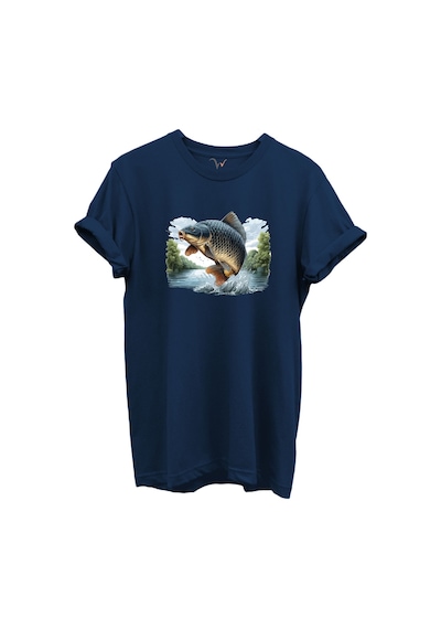 Sıçrayan Sazan Balığı Desenli %100 Pamuk Regular Fit Unisex T-shirt Lacivert