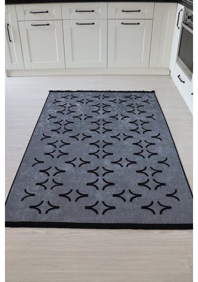 Arte Nakışlı Gri Siyah Kilim Dekoratif Salon Halısı Yıkanabilir Gri - Siyah