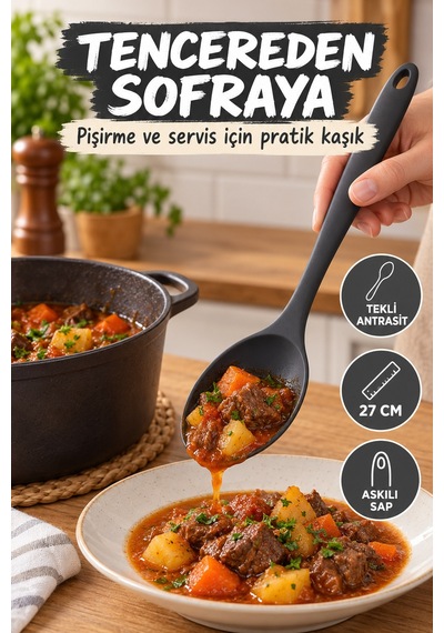 Tekli Antrasit Büyük Boy Silikon Kaşık 27 Cm Mutfak Yemek Pişirme Ve Servis Kaşığı Mutfak Yardımcısı