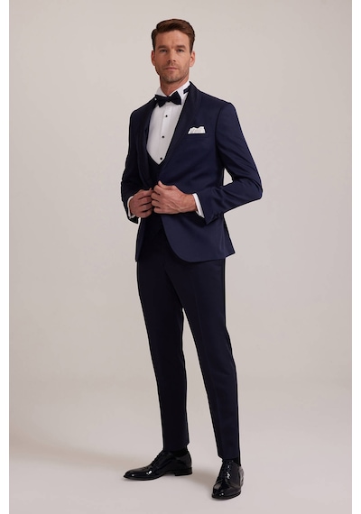 Ysf Erkek Lacivert Slim Fit Şal Yaka Yelekli Damatlık