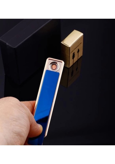 Şık Görünümlü Usb Şarjlı Rezistanslı İnce Slim Metal Çakmak Mavi Lisinya